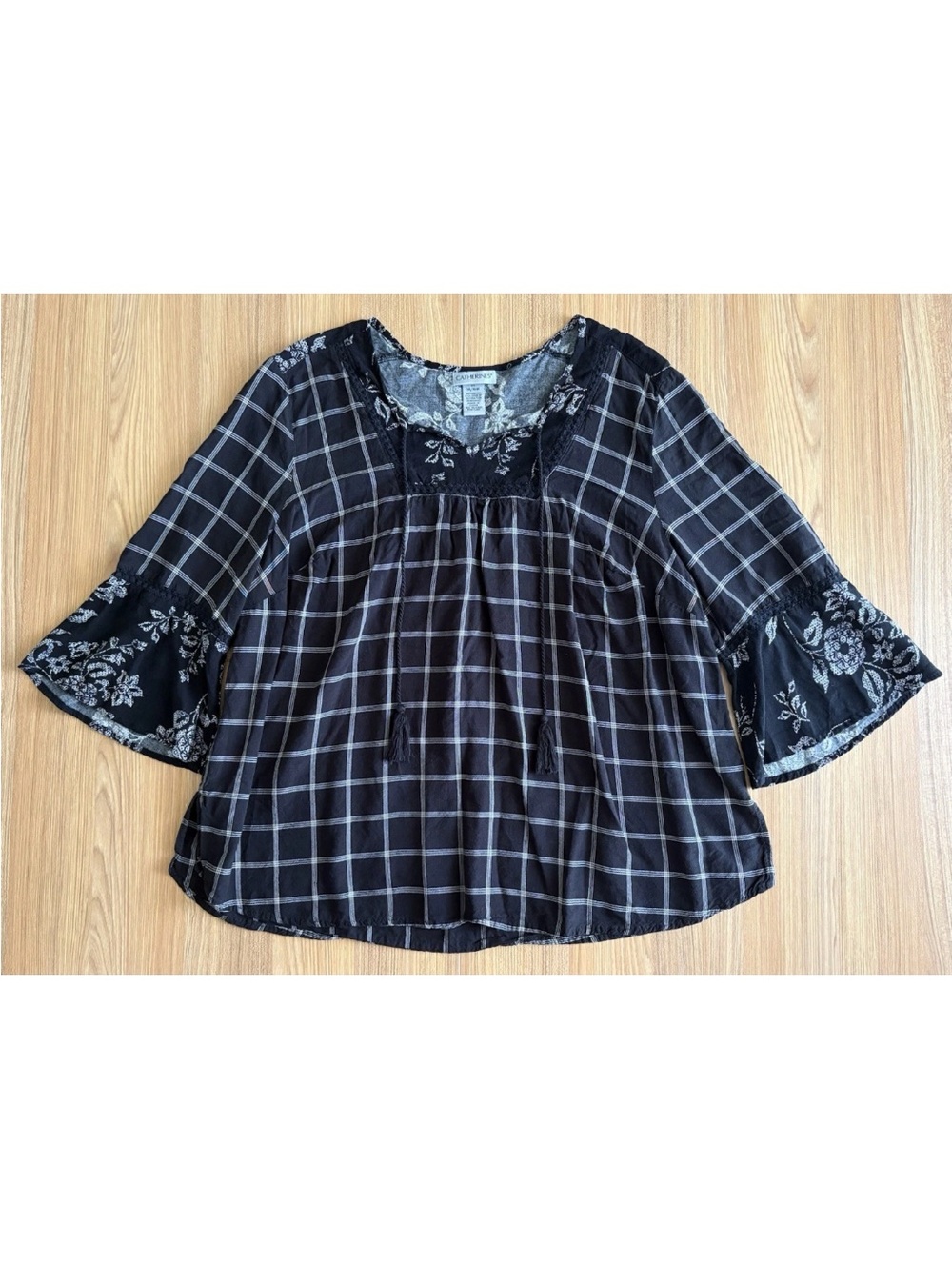 Catherines Twin Print Georgette Peasant Top Womens 0X Black Flare Sleeve Tassel